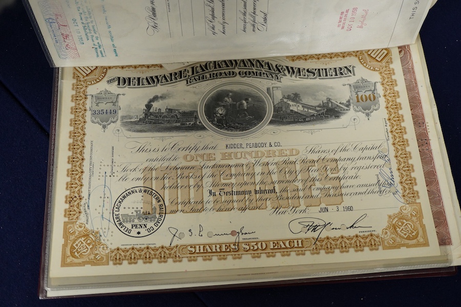 An album of mainly early to mid 20th century railway, bank and engineering share certificates, companies including; Norfolk Estuary Company, Martin’s bank Limited, the Waterloo, Cedar Falls & Northern Railroad, the St. L